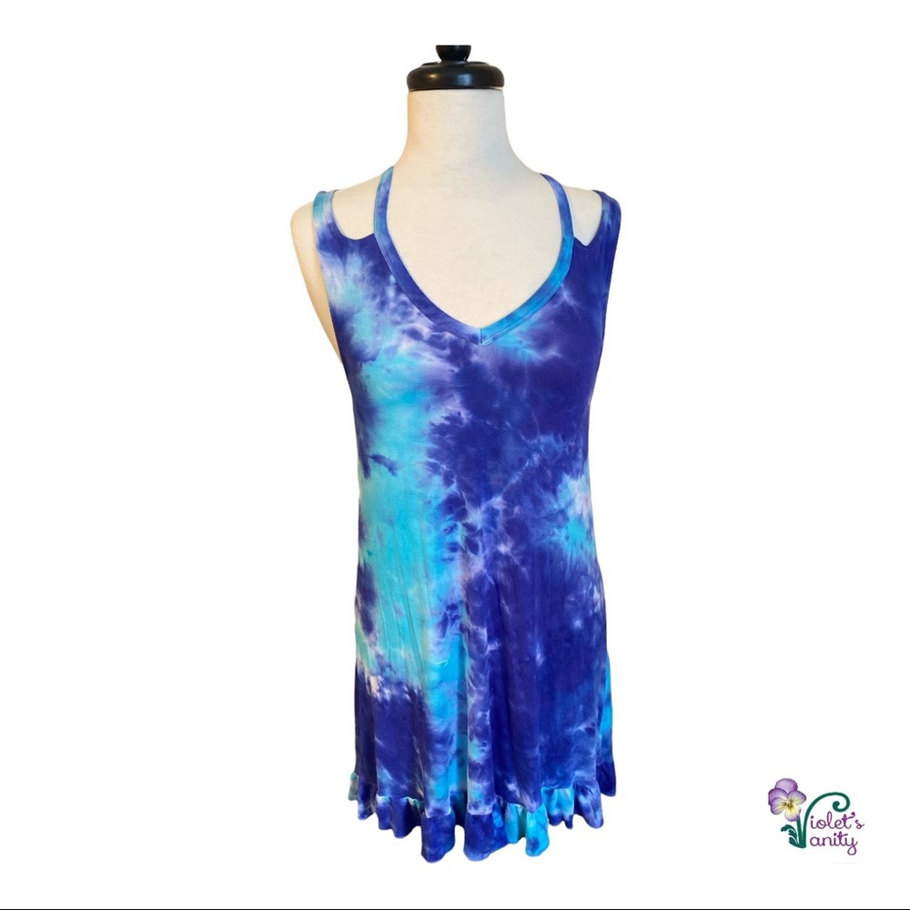 Betsey Johnson Blue Tie Dye Dress Sz S Sleeveless Popover Ruffle Tunic Tank Top